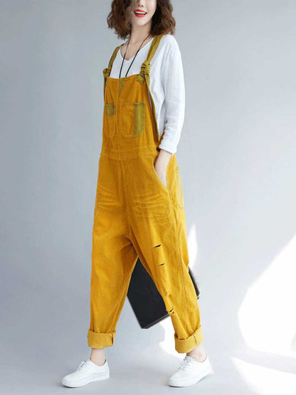 Vintage Washed Denim Dungarees with Knot Straps & Rolled Cuffs