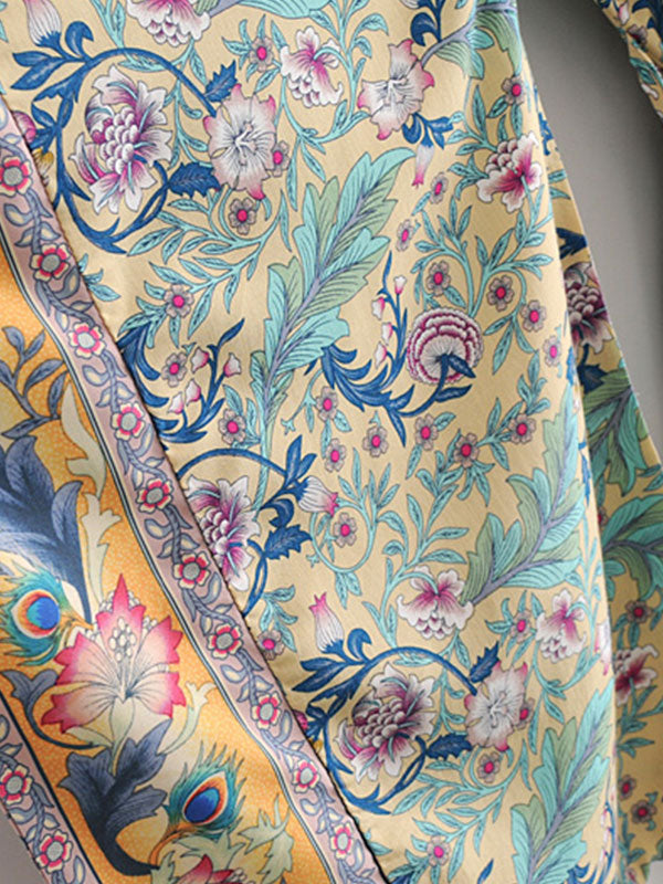Women's Long Kimono Floral Print Green Color Cotton Viscose Long Length Gown Kimono Duster Robe