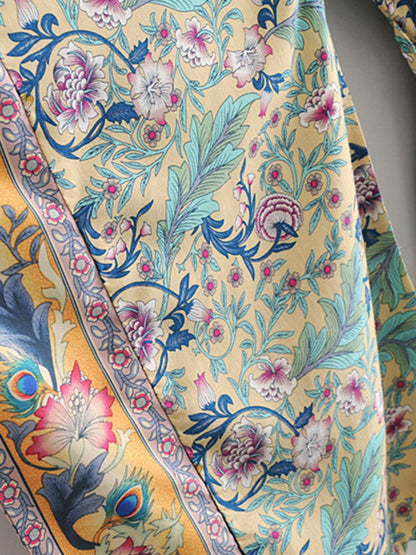 Women's Long Kimono Floral Print Green Color Cotton Viscose Long Length Gown Kimono Duster Robe