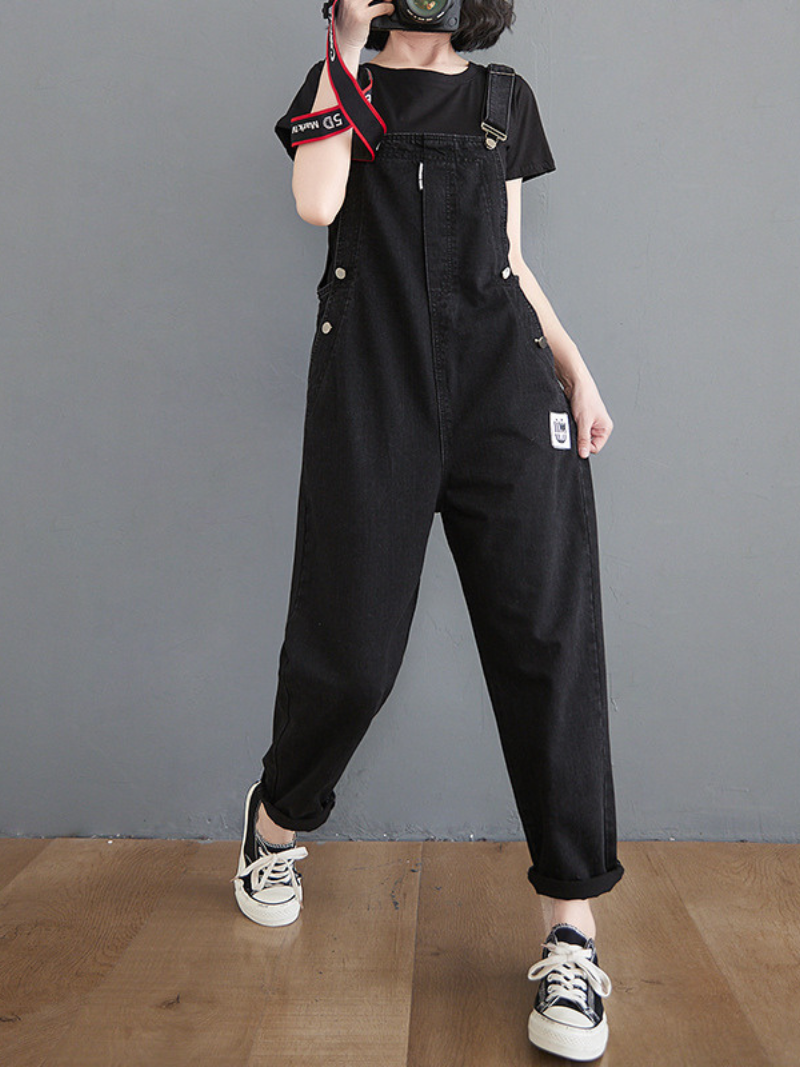 Women's Black Denim Overalls with Side Button Closure