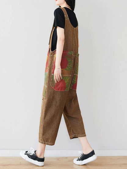 Patchwork Cropped Denim Dungarees with Side Pockets