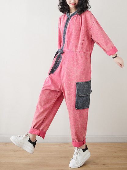 Loose Fit Women's Denim Dungarees Jumpsuit with Tie Suit - Eva Trends