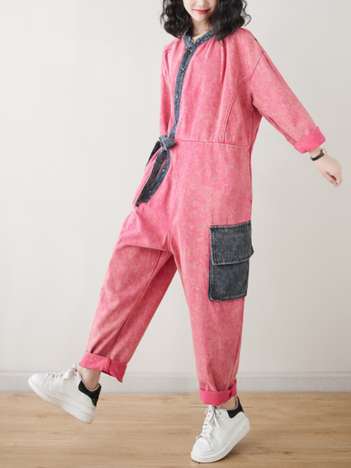 Loose Fit Women's Denim Dungarees Jumpsuit with Tie Suit - Eva Trends