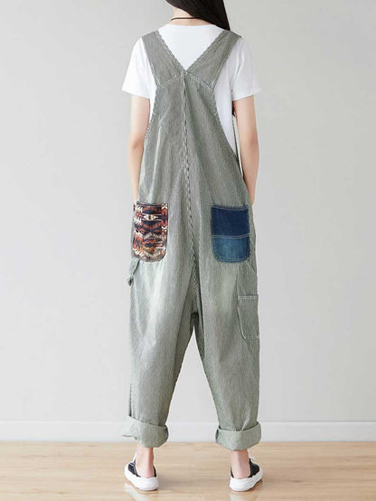 Grey Patch Denim Overalls with Adjustable Straps for Women