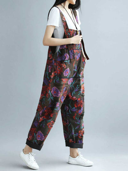 Black Floral Cotton Denim Overalls with Straight Legs