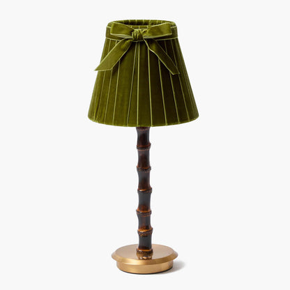 Burnt Bamboo Rechargeable Lamp with Olive Velvet Bow Shade (18cm)