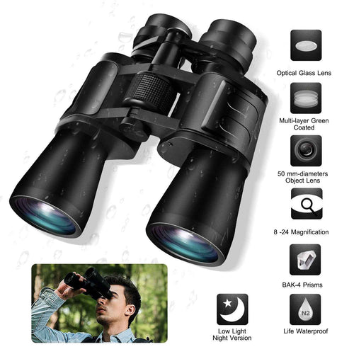 8-24x50 Zoom Binoculars – BAK-4 Prism, FMC Aspherical Lenses, Low-Light & Tripod Ready
