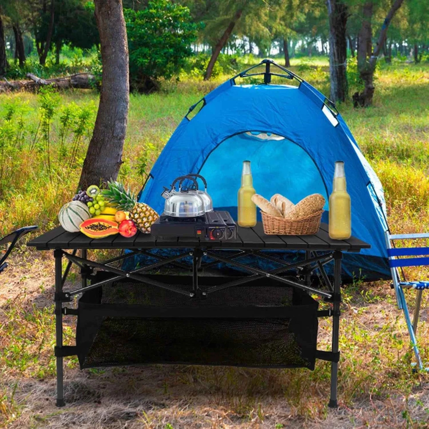 Foldable Camping Table with Mesh Basket & Carry Bag