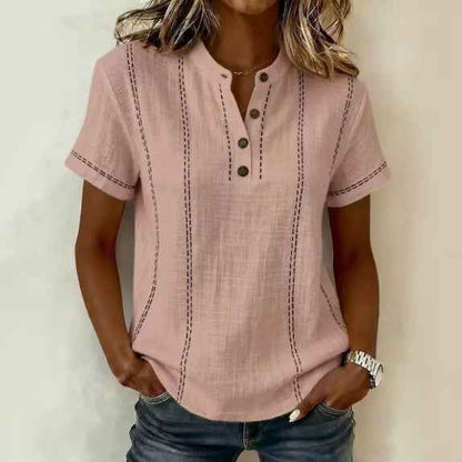 Women's Striped Short-Sleeve V-Neck Button Blouse – Minimalist Casual Top