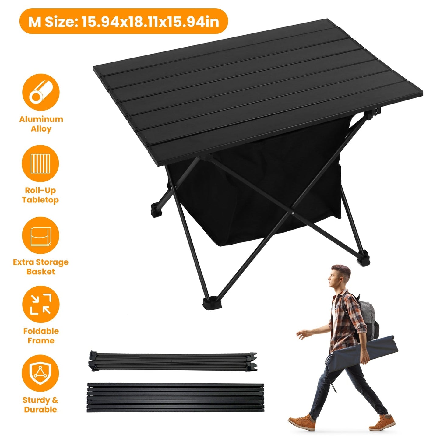 Roll-Up Aluminum Camping Table with Storage Basket & Carry Bag – M & L Sizes