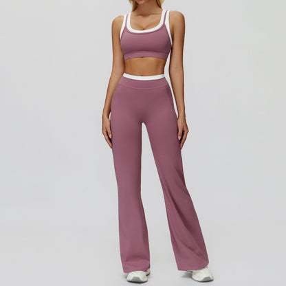 Women's Contrast Sports Bra & Leggings or Wide-Leg Flared Pants Set – Active Workout Set