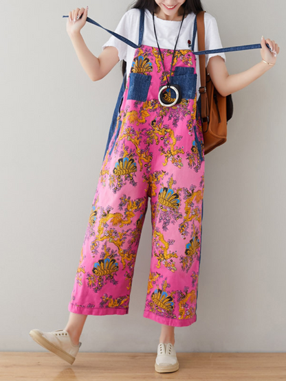 Boho Vintage Print Dungarees with Denim Panels - Cropped Loose Overalls