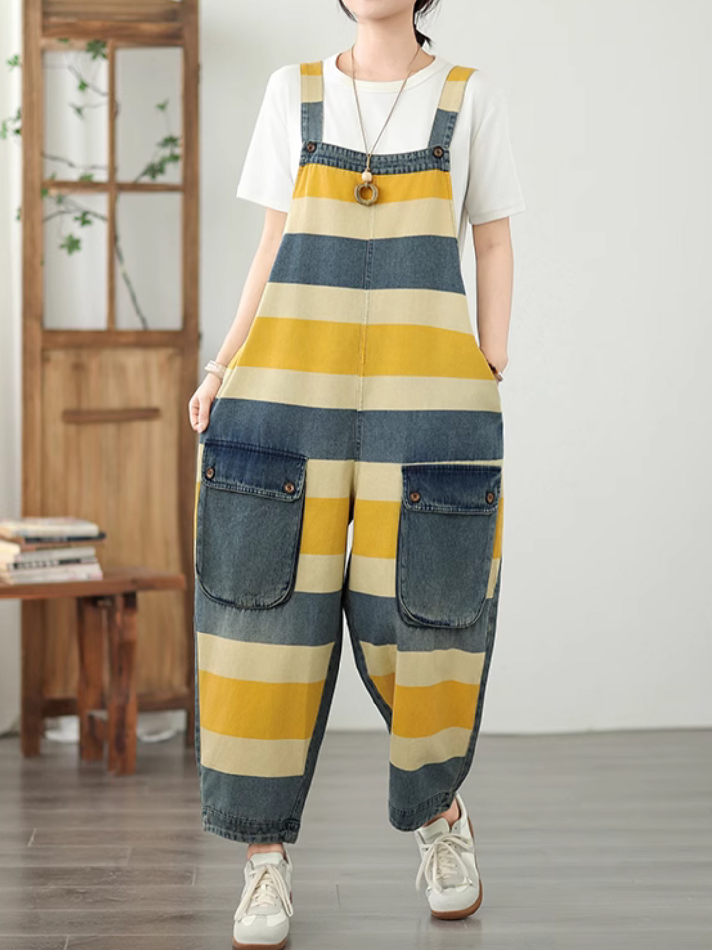 Trendy Striped Denim Cotton Overalls with Pockets - Eva Trends