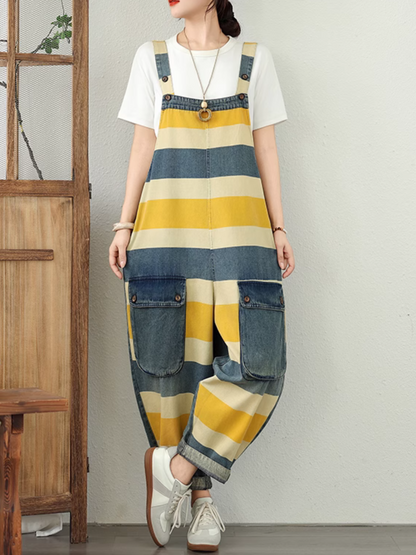 Trendy Striped Denim Cotton Overalls with Pockets - Eva Trends