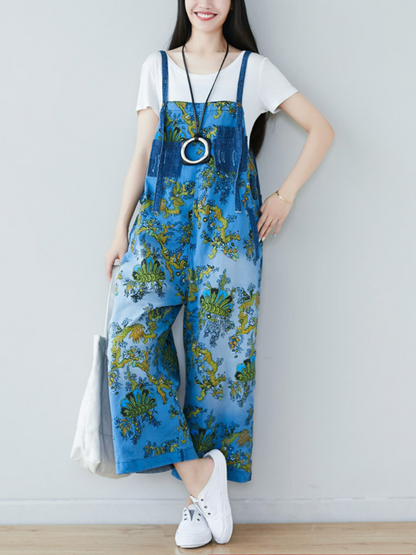 Boho Vintage Print Dungarees with Denim Panels - Cropped Loose Overalls