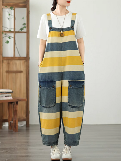 Trendy Striped Denim Cotton Overalls with Pockets - Eva Trends