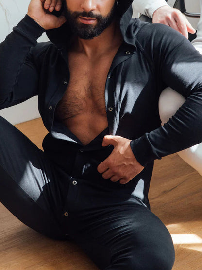 Black Hooded Button - Front Jumpsuit