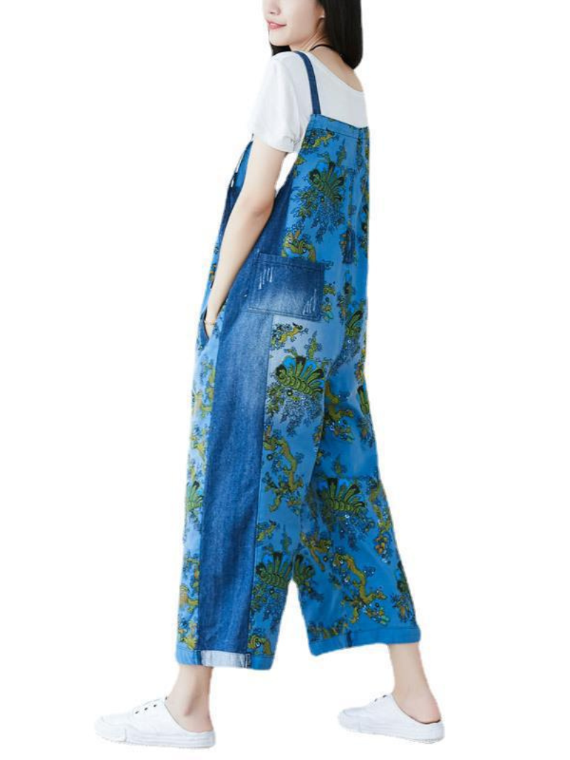 Boho Vintage Print Dungarees with Denim Panels - Cropped Loose Overalls