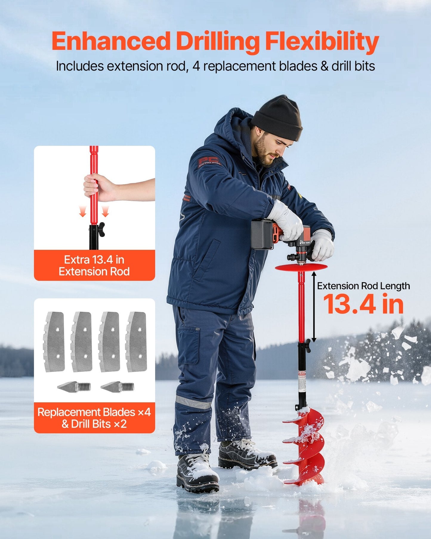 8" Ice Auger Drill Bit | 39" Nylon Blade with Extension Rod & Blade Guard