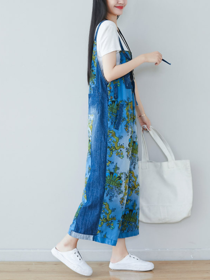 Boho Vintage Print Dungarees with Denim Panels - Cropped Loose Overalls