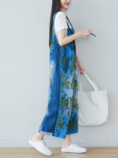 Boho Vintage Print Dungarees with Denim Panels - Cropped Loose Overalls