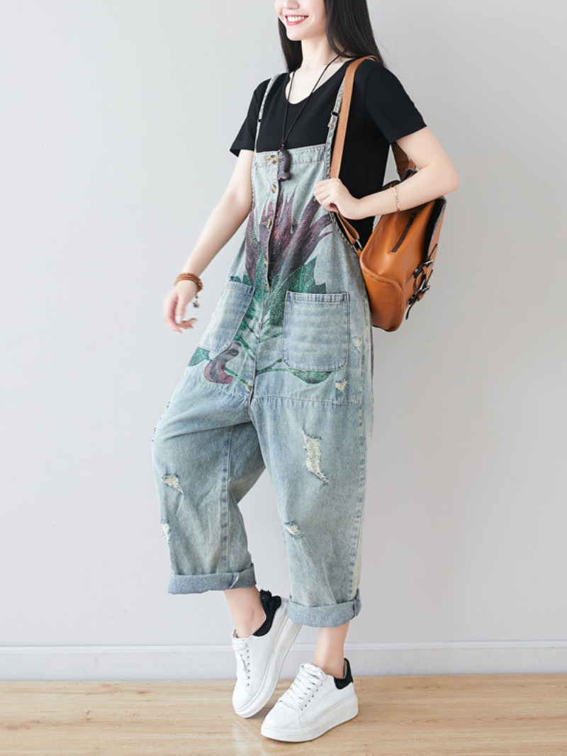 Womens Relaxed Distressed Overalls - Abstract Print Denim Dungarees