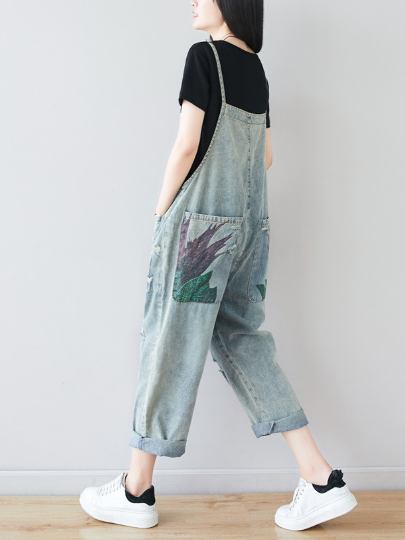 Womens Relaxed Distressed Overalls - Abstract Print Denim Dungarees