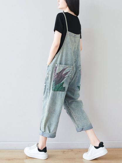 Womens Relaxed Distressed Overalls - Abstract Print Denim Dungarees