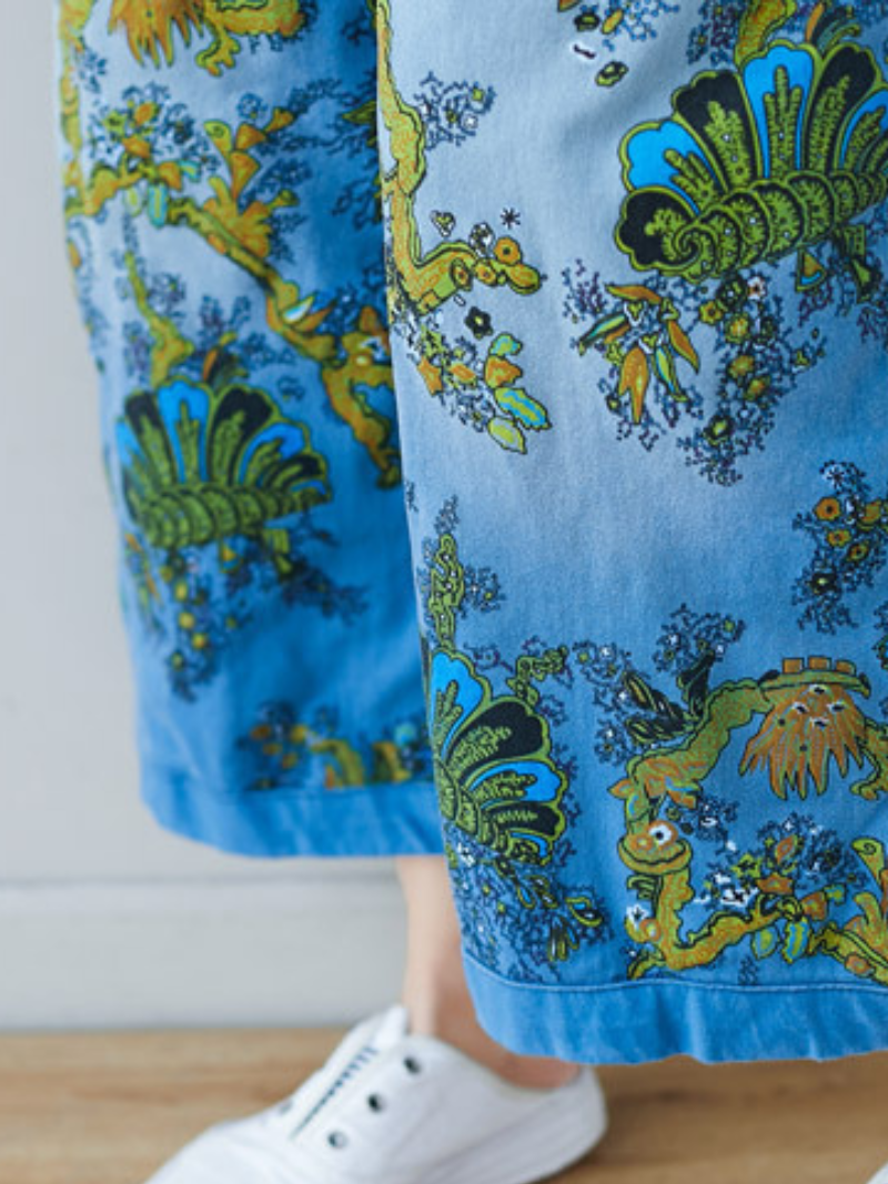 Boho Vintage Print Dungarees with Denim Panels - Cropped Loose Overalls