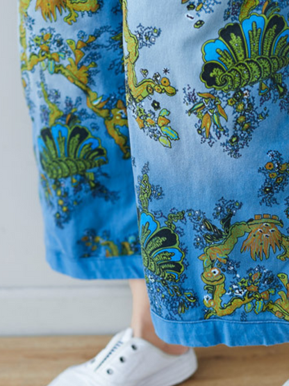 Boho Vintage Print Dungarees with Denim Panels - Cropped Loose Overalls