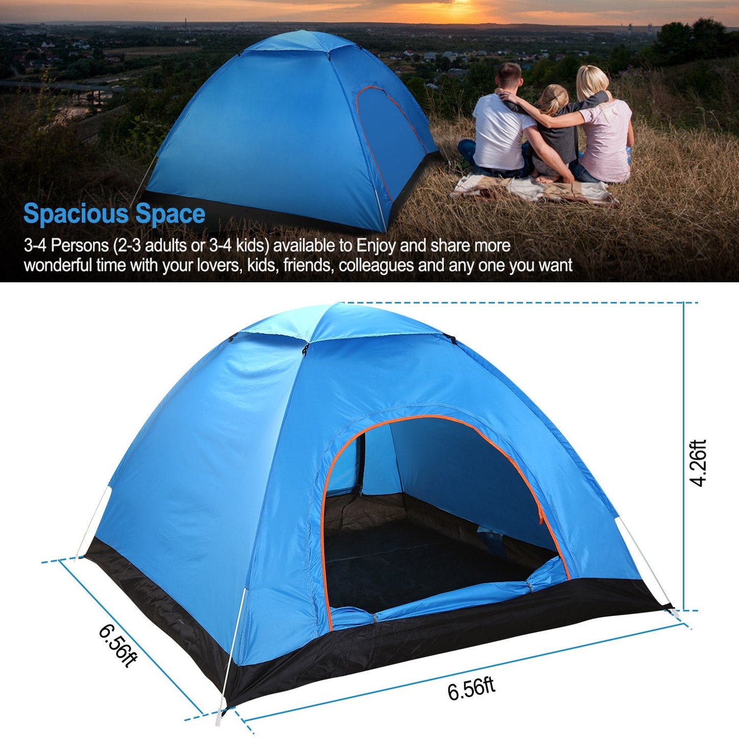 Pop-Up Camping Tent – 3-4 Person, Instant Setup with Mosquito Net & Carry Bag