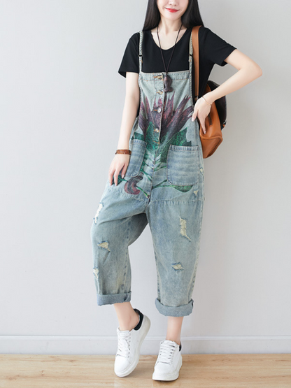 Womens Relaxed Distressed Overalls - Abstract Print Denim Dungarees