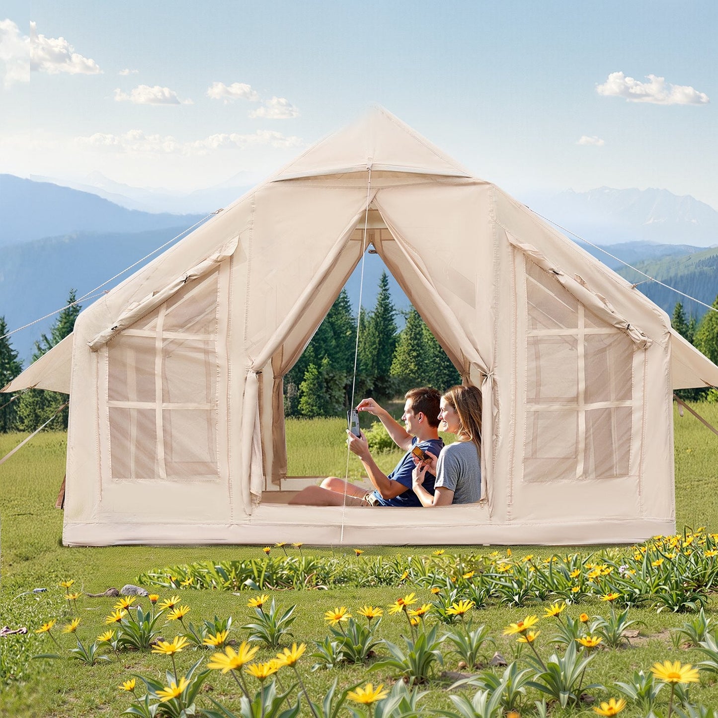 4–6 Person Inflatable Glamping Tent – Easy 15-Min Setup with Hand Pump & Carry Bag | Beige