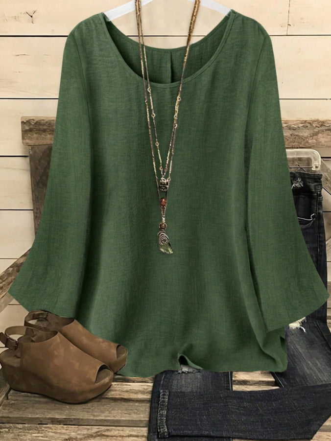Women's Relaxed Crew-Neck Pullover Top with Patchwork Detail – 5 Colors