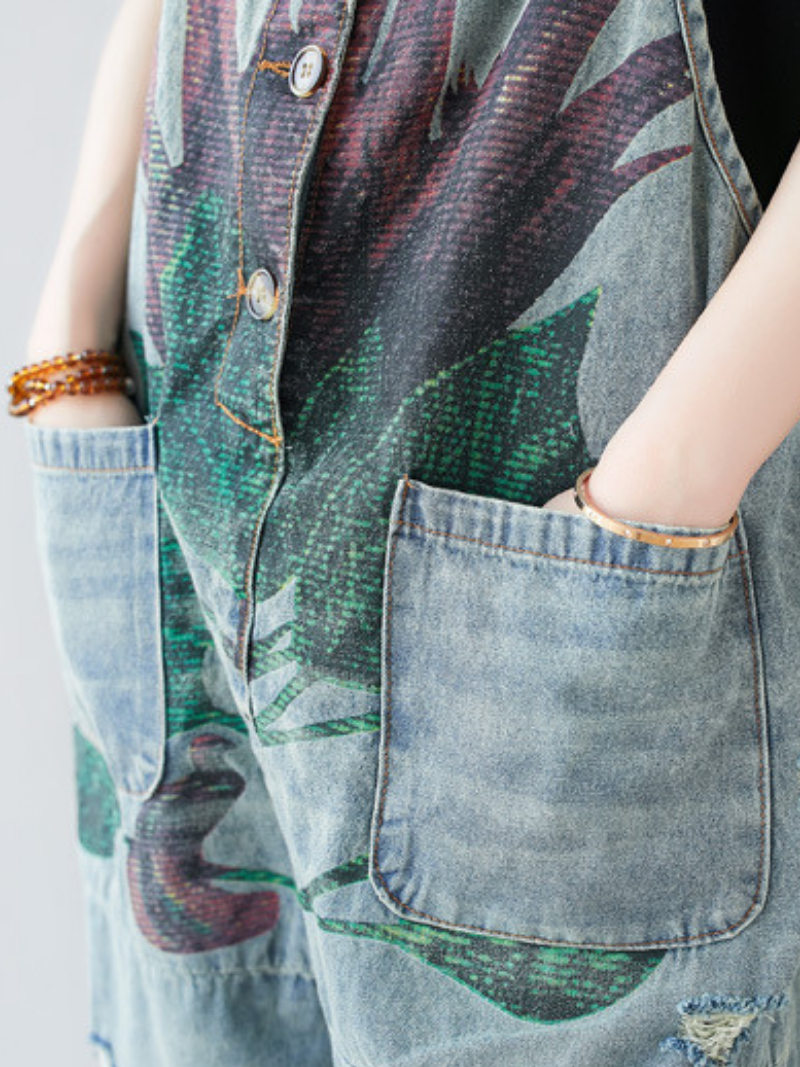Womens Relaxed Distressed Overalls - Abstract Print Denim Dungarees