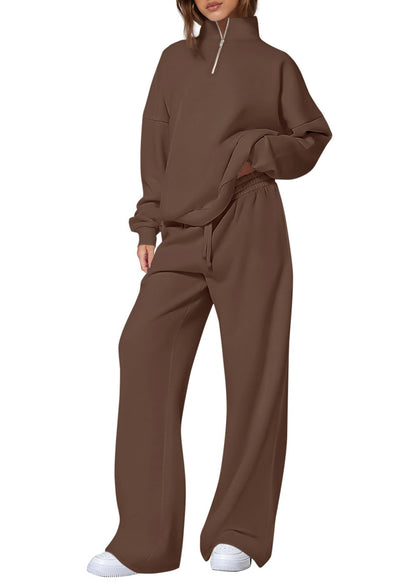 Women's Half-Zip Sweatshirt & Straight-Leg Pants Set – Matching Casual Loungewear