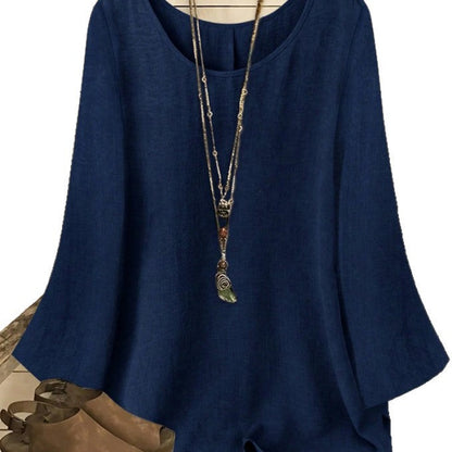 Women's Relaxed Crew-Neck Pullover Top with Patchwork Detail – 5 Colors