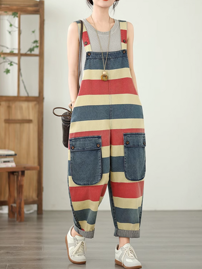 Trendy Striped Denim Cotton Overalls with Pockets - Eva Trends
