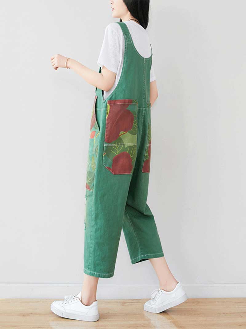 Patchwork Cropped Denim Dungarees with Side Pockets