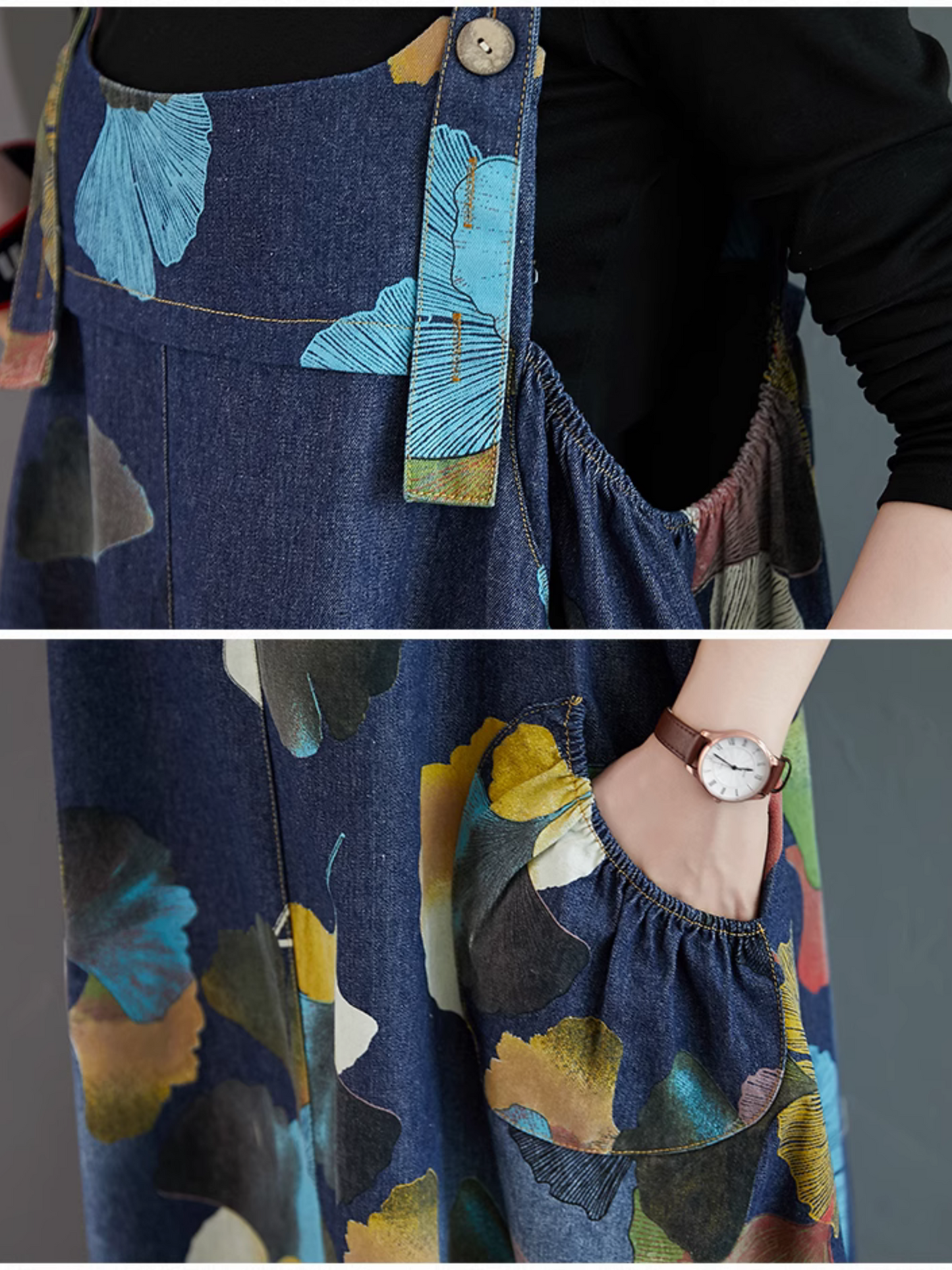 Flowy & Artistic Leaf Print Denim Dungarees for Women | Eva trends