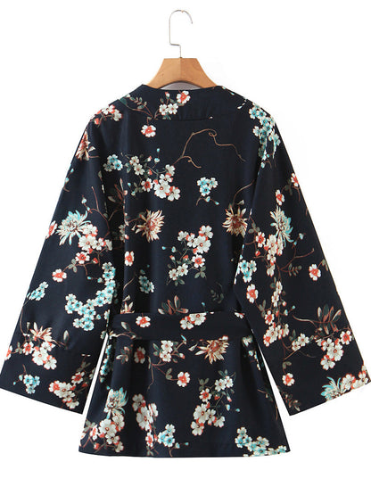 Short Kimono Floral Print Black Color Polyester Short Length Gown Robe Kimono