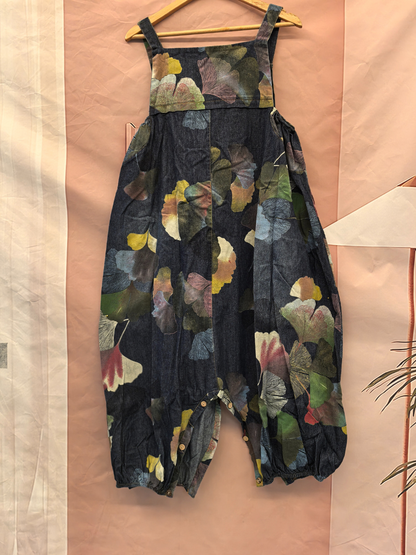 Flowy & Artistic Leaf Print Denim Dungarees for Women | Eva trends