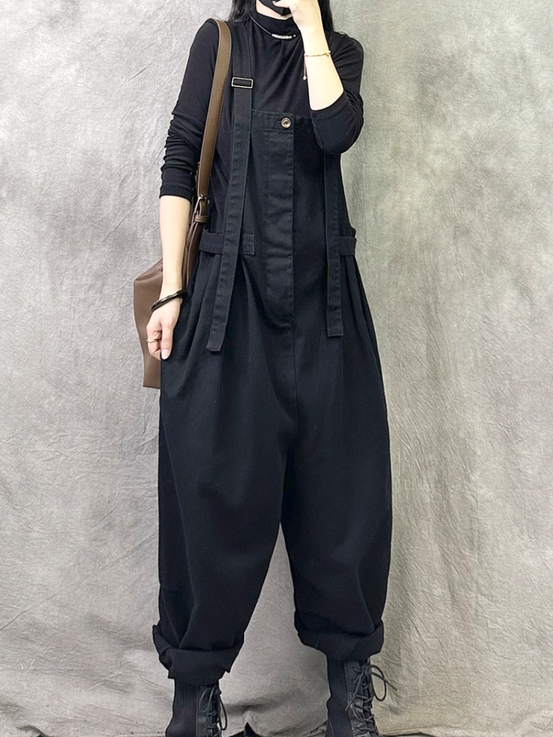 Women's Loose Barrel Leg Overalls with Side Buckle Straps