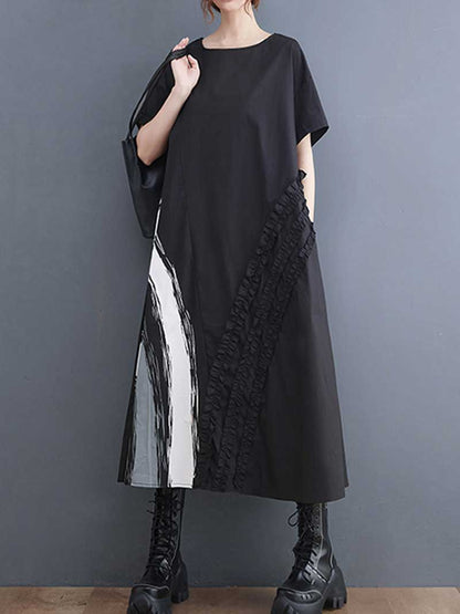 Artsy Asymmetric Brushstroke Midi Dress with Ruffle Panel in Black