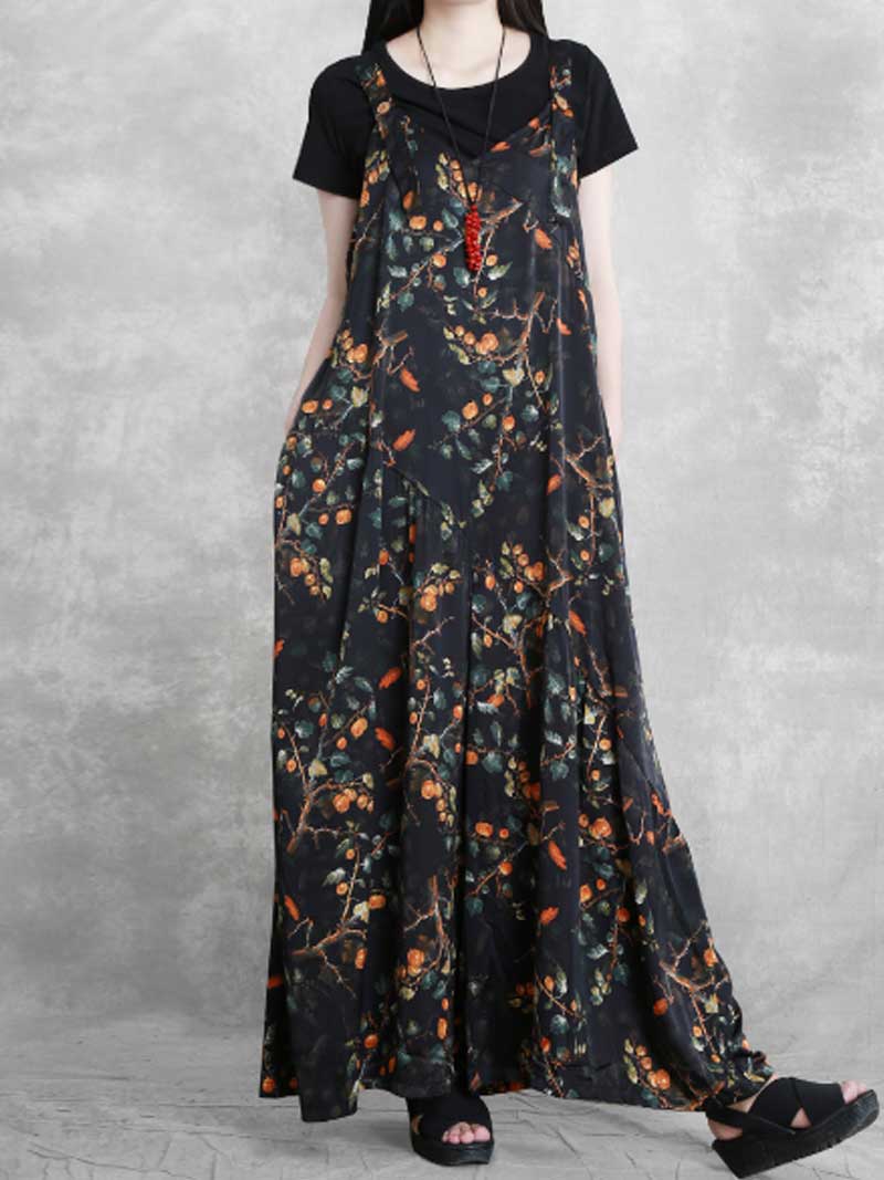 Botanical Print Silk Jumpsuit - Flowing Wide Leg Design