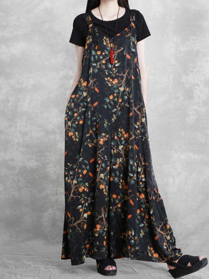 Botanical Print Silk Jumpsuit - Flowing Wide Leg Design
