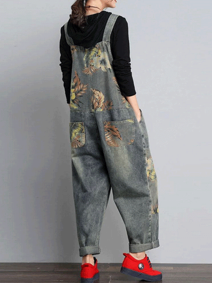 Nature Print Denim Overalls - Relaxed Fit Dungarees