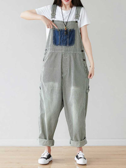 Grey Patch Denim Overalls with Adjustable Straps for Women