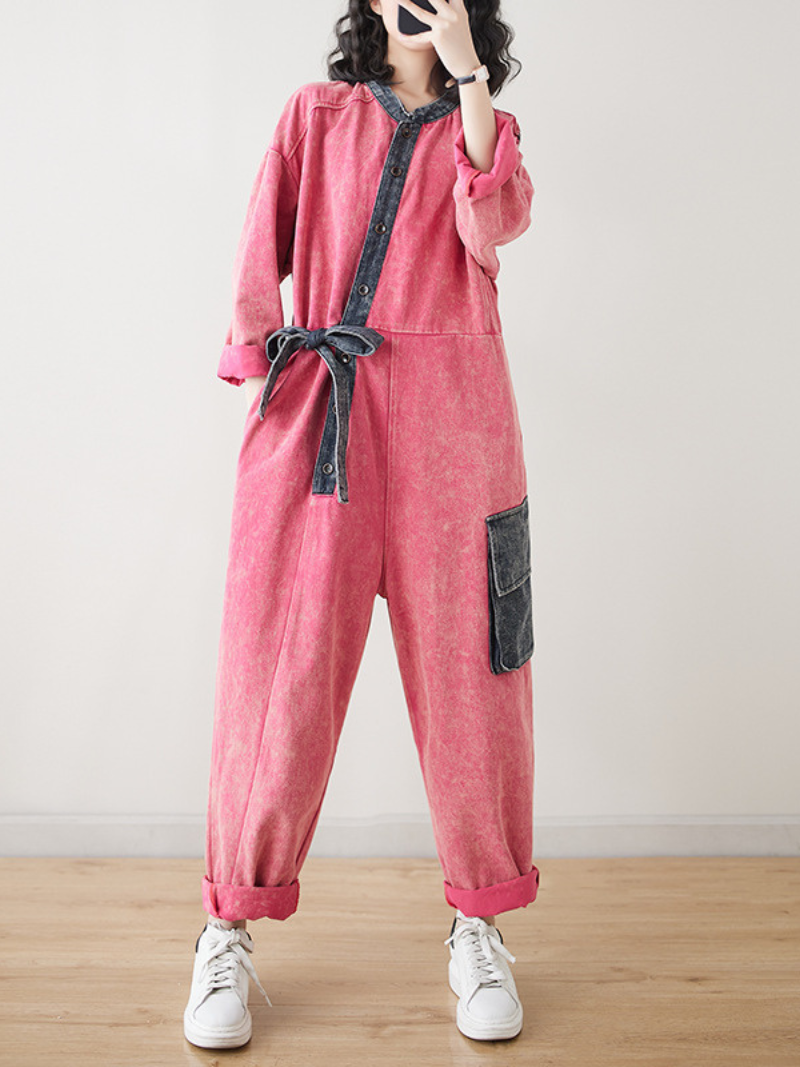 Loose Fit Women's Denim Dungarees Jumpsuit with Tie Suit - Eva Trends