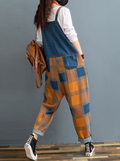 Patchwork Check Denim Dungarees |  Rolled-Hem Utility Fit